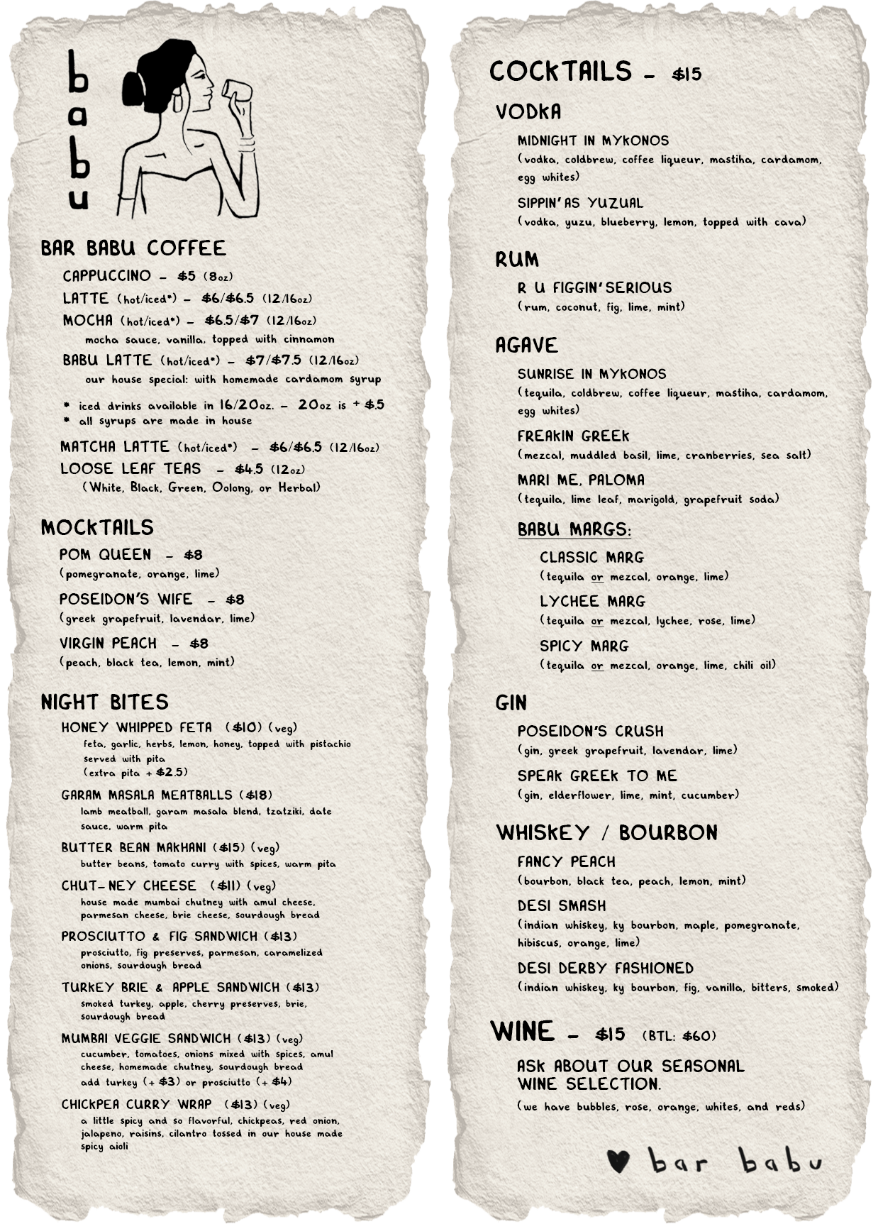 night menu — cafe babu